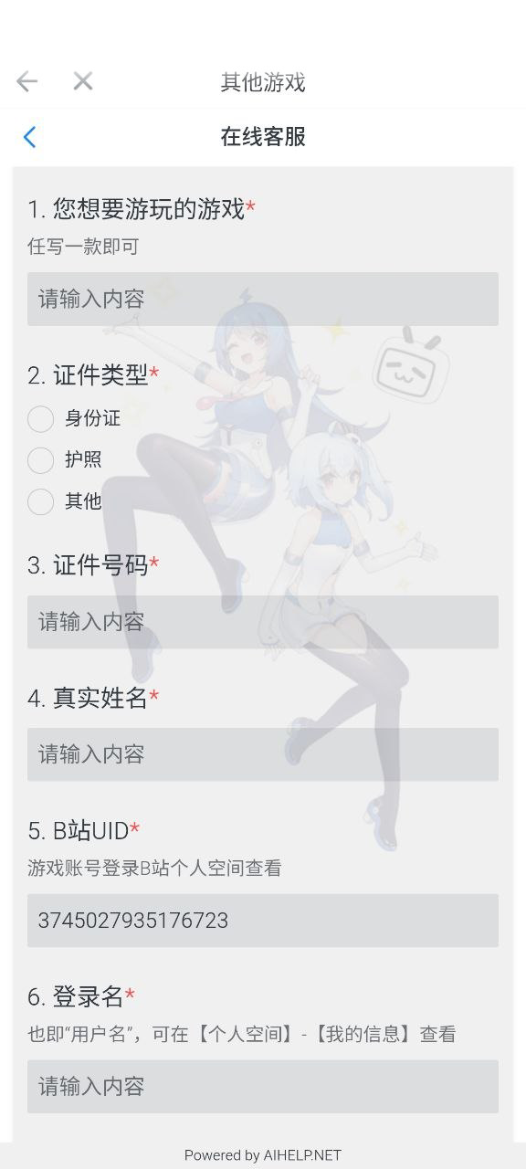 Форма иностранной верификации Bilibili